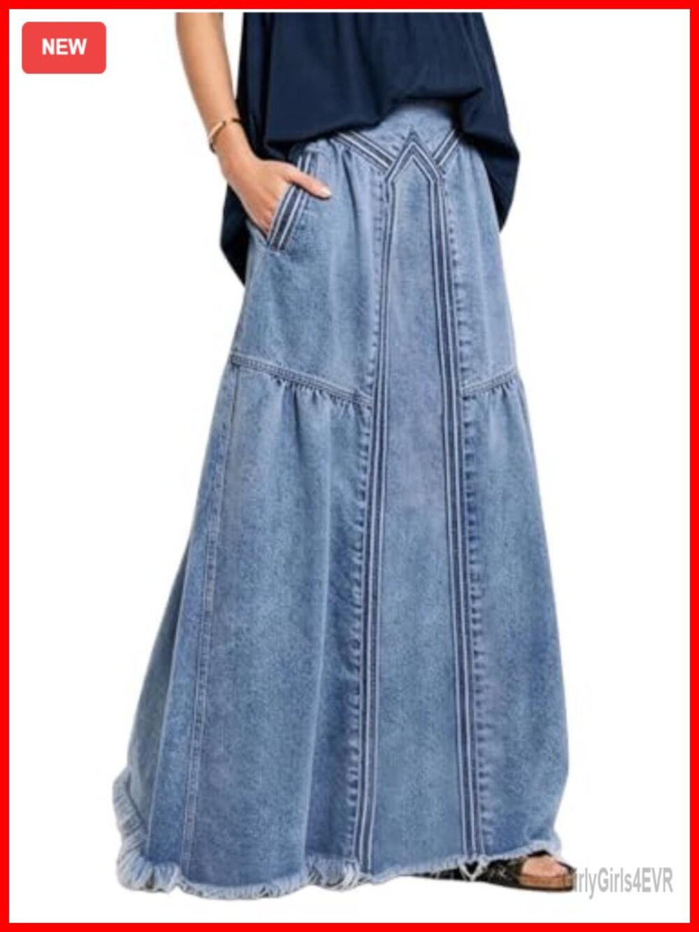 High Waist A Line Frayed Maxi Denim Skirt with Pockets Flowy